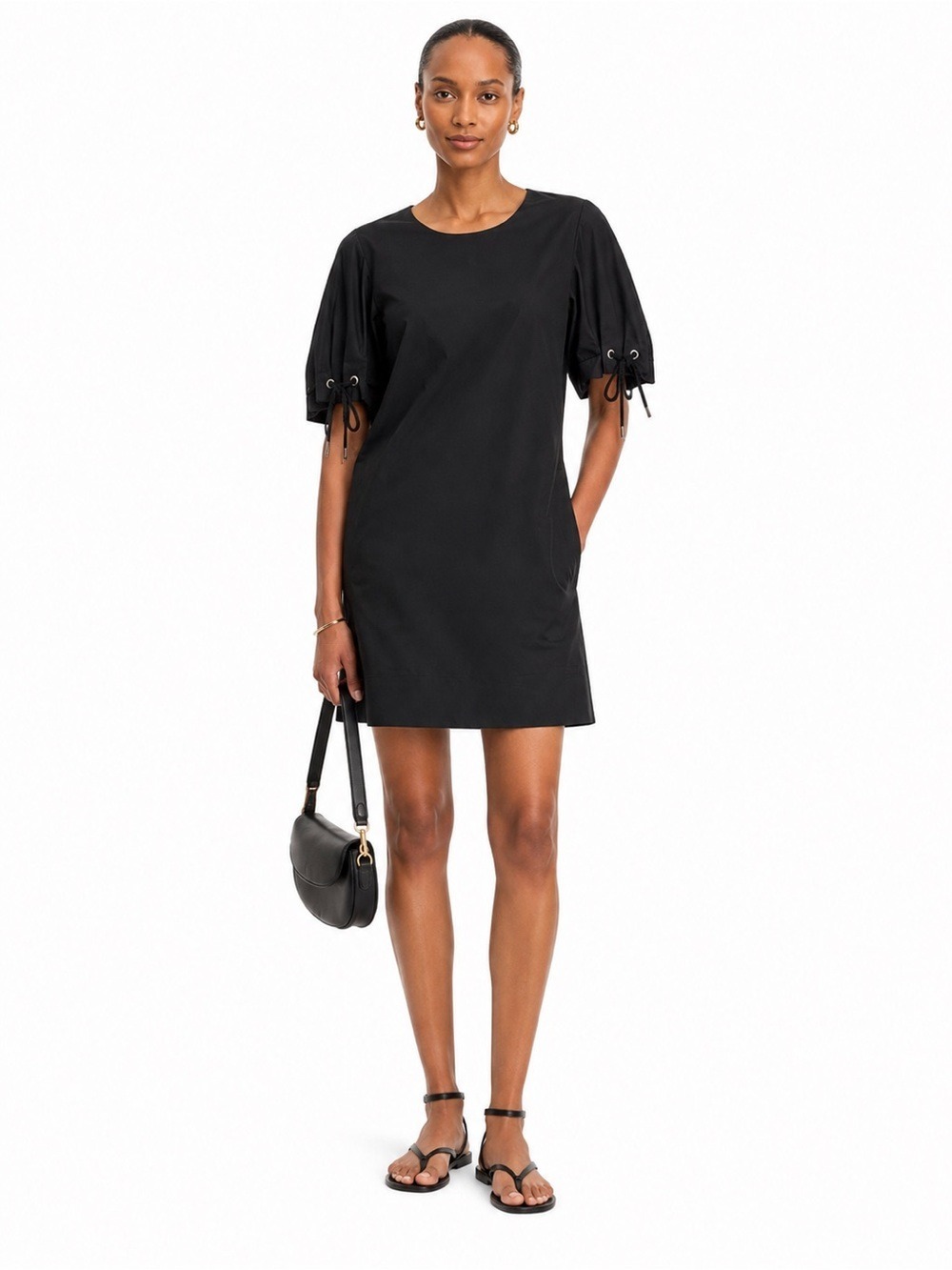 See by Chloé Black Cotton Poplin Mini Shift Dress Drawstring Sleeve Size S (36)